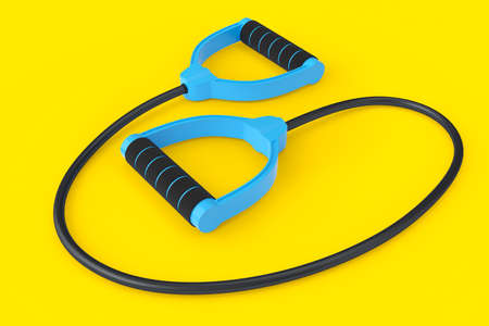 Hand expander or resistance band with rubber handle isolated on yellow background. 3d rendering of...