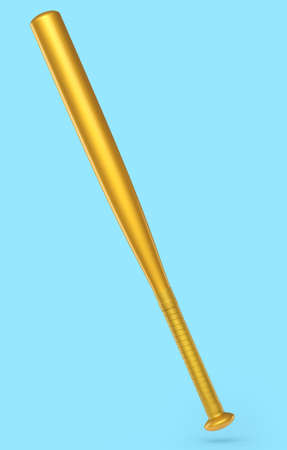 Gold professional softball or baseball bat isolated on blue background. 3d rendering of sport accessories for team playing gamesの写真素材