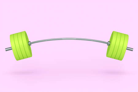 Abstract metal barbell with green disks isolated on pink background. 3d rendering of sport equipment for fitness and powerliftingの写真素材