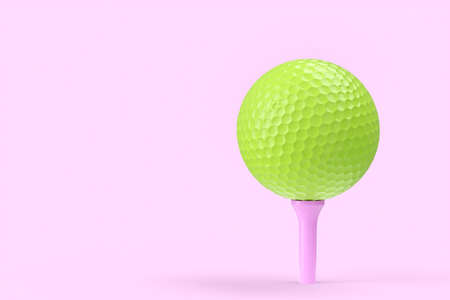 Green golf ball on tee isolated on pink background. 3d rendering of sport accessories for team playing gamesの写真素材
