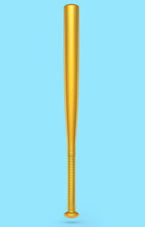 Gold professional softball or baseball bat isolated on blue background. 3d rendering of sport...