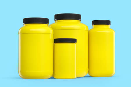 Set of yellow plastic jar for sport nutrition whey protein and gainer powder isolated on blue background. 3d rendering of sport supplement for crossfit and powerlifting workoutの写真素材