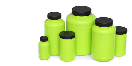 Set of green plastic jar for sport nutrition whey protein and gainer powder isolated on white...