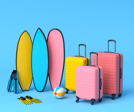 Suitcase with beach ball and surf board on blue background. 3D render of summer vacation concept and holidaysの写真素材