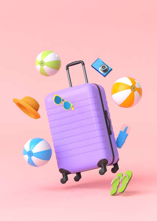 Colorful suitcase or baggage with beach accessories on pink background. 3D render of summer vacation concept and holidaysの写真素材