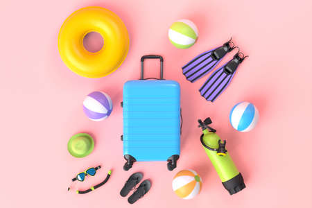 Colorful suitcase or baggage with beach accessories on pink background. 3D render of summer vacation concept and holidaysの写真素材