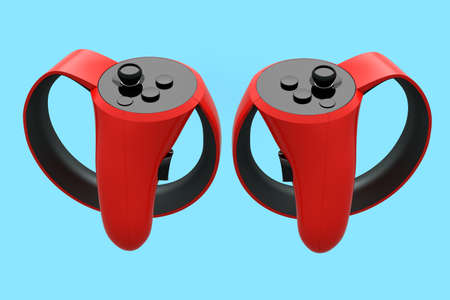 Virtual reality red controllers for online and cloud gaming on blue background. 3D rendering of...