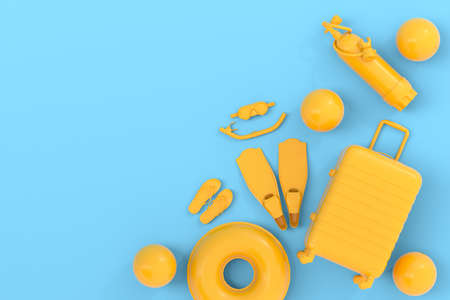 Colorful suitcase or baggage with beach accessories like scuba, ball, diving tank and goggles on...