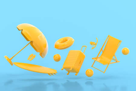 Suitcase with beach accessories like surf, umbrella and chair on monochrome blue background. 3D render of summer vacation concept and holidaysの写真素材