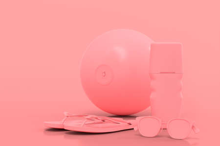 Set of beach accessories like flip flops, sunglasses, sunscreen and ball on beach monochrome pink background. 3D render of summer vacation concept and holidaysの写真素材