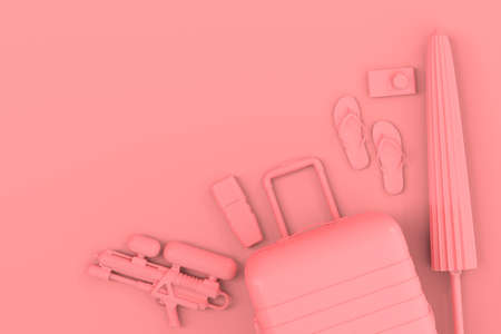 Monochrome suitcase or baggage with beach accessories like flip flops, water gun, sunscreen and umbrella on pink background. 3D render of summer vacation concept and holidaysの写真素材