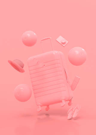 Monochrome suitcase or baggage with beach accessories on pink background. 3D render of summer vacation concept and holidaysの写真素材