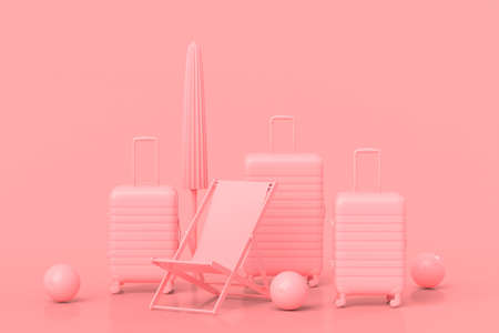 Suitcase with beach ball, umbrella and chair on monochrome pink background. 3D render of summer vacation concept and holidaysの写真素材