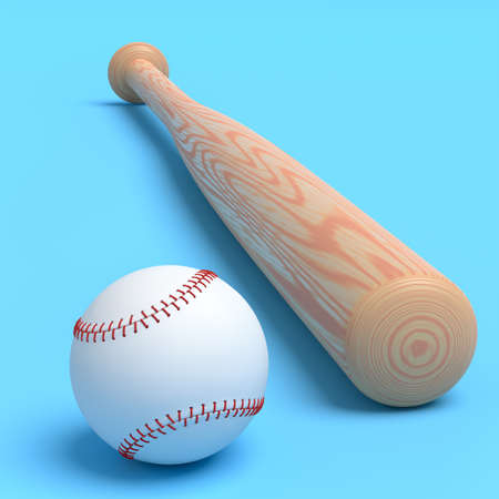 Wooden professional softball or baseball bat and ball isolated on white background. 3d rendering of sport accessories for team playing gamesの写真素材