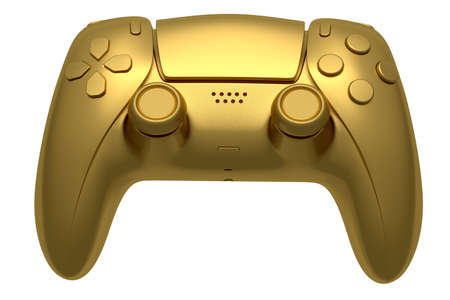 Realistic gold video game joystick on white background. 3D rendering of streaming gear for cloud...