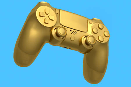 Realistic gold video game joystick on blue background. 3D rendering of streaming gear for cloud...