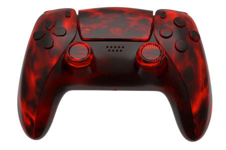 Realistic video game joystick with lava pattern on white background. 3D rendering of streaming gear...