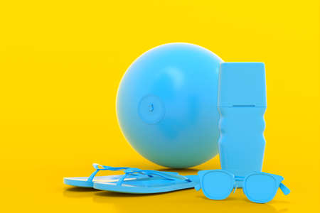 Set of beach accessories like flip flops, sunglasses, sunscreen and ball on beach monochrome yellow background. 3D render of summer vacation concept and holidaysの写真素材