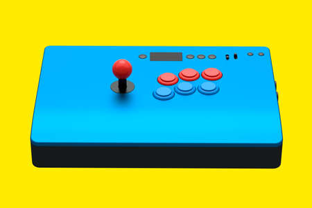 Vintage blue arcade stick with joystick and tournament-grade buttons isolated on yellow background. 3D rendering of gaming machine and gamer workspace conceptの写真素材