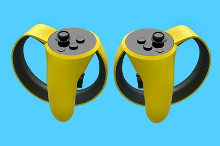 Virtual reality yellow controllers for online and cloud gaming on blue background. 3D rendering of...