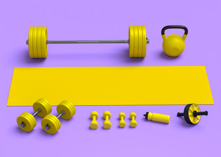 Isometric view of sport equipment like kettlebell dumbbell and barbell on violetの写真素材