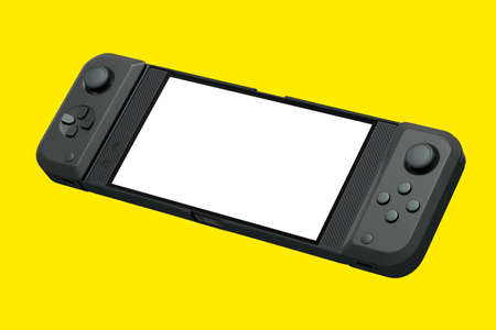 Realistic video game controllers attached to mobile phone on yellow background. 3D rendering of...