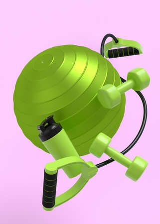 Flying sport equipment like water bottle, dumbbell and expander on pink background. 3d render of power lifting and fitness conceptの写真素材