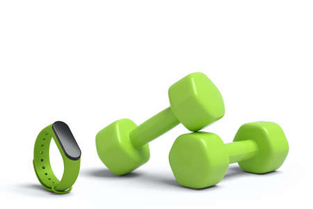 Isometric view of sport equipment like smart watches and dumbbell on white background. 3d render of...