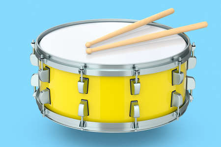 Realistic drum and wooden drum sticks on blue. 3d render of musical instrumentの写真素材