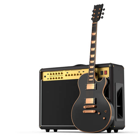 Classical amplifier with acoustic guitar isolated on white background.