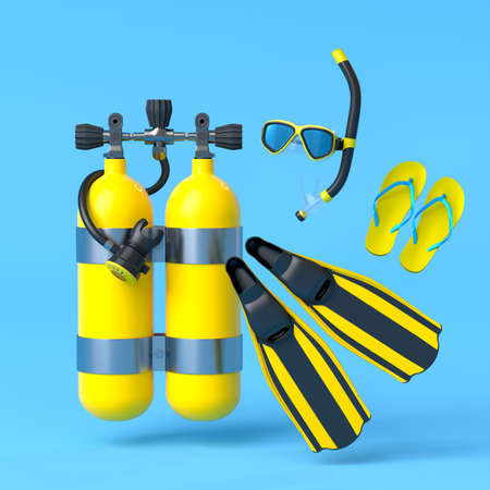 Colorful scuba stuff and beach accessories like umbrella, flip flops and inflatable ring on blue background. 3D render of summer vacation concept and holidaysの写真素材
