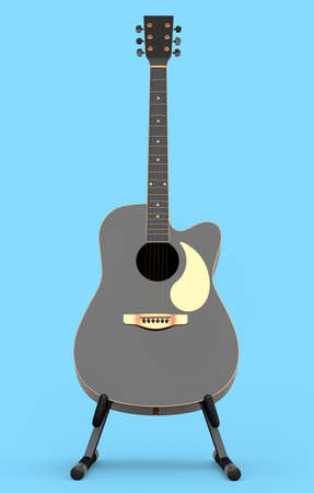 Electric acoustic guitar on stand isolated on blue background.の写真素材