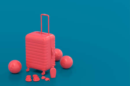 Colorful suitcase or baggage with beach accessories on blue background. 3D render of summer vacation...
