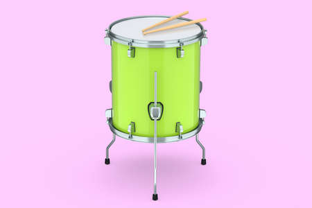 Realistic drum and wooden drum sticks on pink background. 3d render concept of musical instrument, drum machine.の写真素材