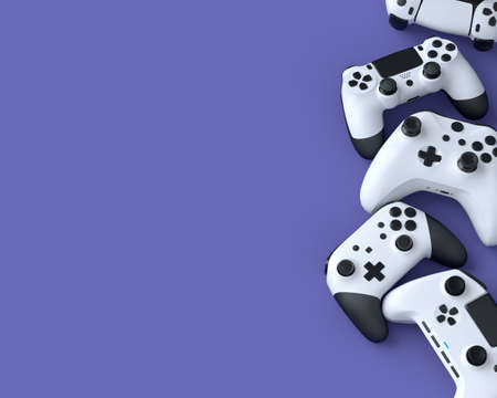 Set of lying gamer joysticks or gamepads on purple background with blur. 3d rendering of accessories...