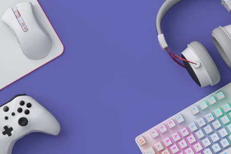 Top view of gamer workspace and gear like mouse, keyboard, joystick, headset on purple table background. 3d rendering of accessories for live streaming concept top viewの写真素材