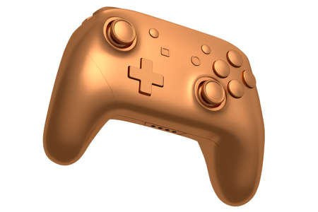 Realistic bronze video game joystick on white background. 3D rendering of streaming gear for cloud...