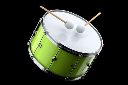 Realistic drum and wooden drum sticks on black background. 3d render concept of musical instrument, drum machine.の写真素材