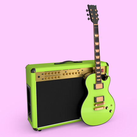 Classical amplifier with electric or acoustic guitar isolated on pink background. 3d render of amplifier for recording bass guitar in studio or rehearsal room, concept for rock festival posteの写真素材
