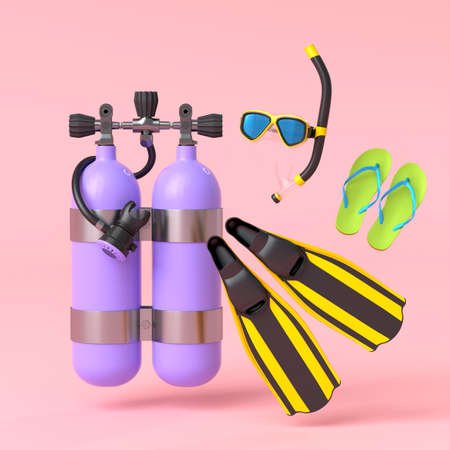 Colorful scuba stuff and beach accessories like umbrella, flip flops and inflatable ring on pink...