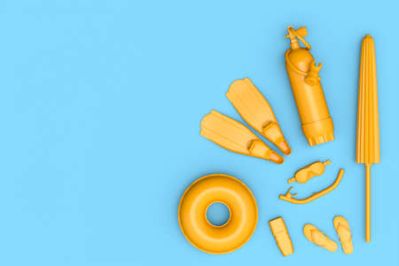 Colorful scuba stuff and beach accessories like umbrella, flip flops and inflatable ring on monochrome blue background. 3D render of summer vacation concept and holidaysの写真素材