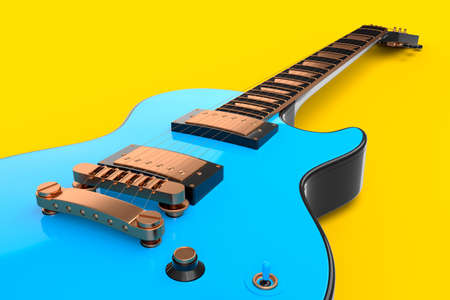 Close-up Electric acoustic guitar isolated on yellow background. 3d render of concept for rock festival poster with heavy metal guitar for music shopの写真素材