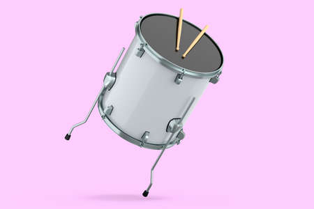 Realistic drum and wooden drum sticks on pink background. 3d render concept of musical instrument,...