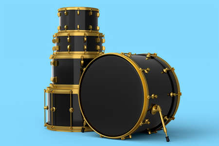 Set of realistic drums or drumset on blue background. 3d render concept of musical percussion...