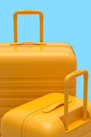 Colorful suitcase or baggage on monochrome blue background. 3D render of summer vacation concept and...