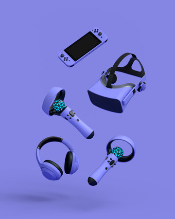 Flying gamer gears like joystick, headphones, VR glasses and controlers on purple table background....