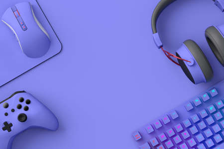 Top view of gamer workspace and gear like mouse, keyboard, joystick, headset on purple table...