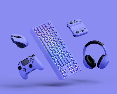 Flying gamer gears like mouse, keyboard, joystick, headset, VR Headset on purple table background....