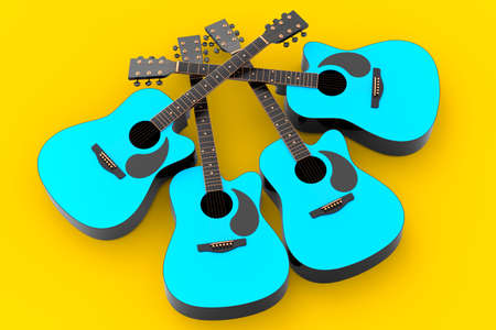 Set of electric acoustic guitar isolated on yellow background. 3d render of concept for rock...