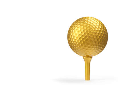 Gold golf ball isolated on white background. 3d rendering of sport accessories for team playing gamesの写真素材